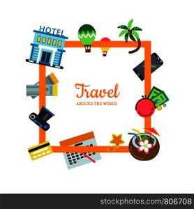 Vector frame with flying around it with place for text in center illustration. Vector flat travel elements with place for text