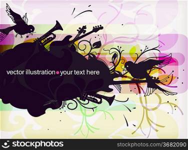 vector frame with flying birds and musical instruments : guitars,trympets and violins