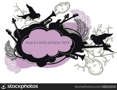 vector frame with flying birds, musical instruments and fantasy wings