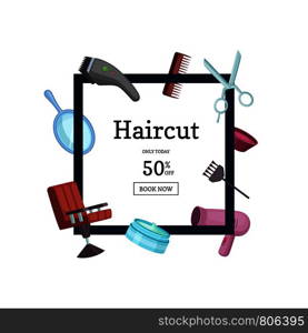 Vector frame with hairdresser or barber cartoon elements around it with place for text in center illustration. Vector frame with hairdresser or barber cartoon elements illustration
