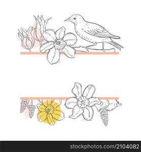 Vector frame with hand drawn bird and flowers. Sketch illustration.. Vector frame with bird and flowers.