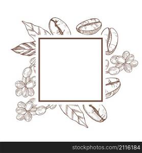 Vector frame with hand drawn coffee plant and beans. Coffee Plant and beans.