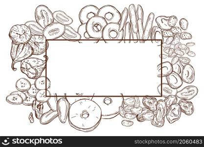 Vector frame with hand drawn dried fruits. Sketch illustration.. Dried fruits . Vector frame