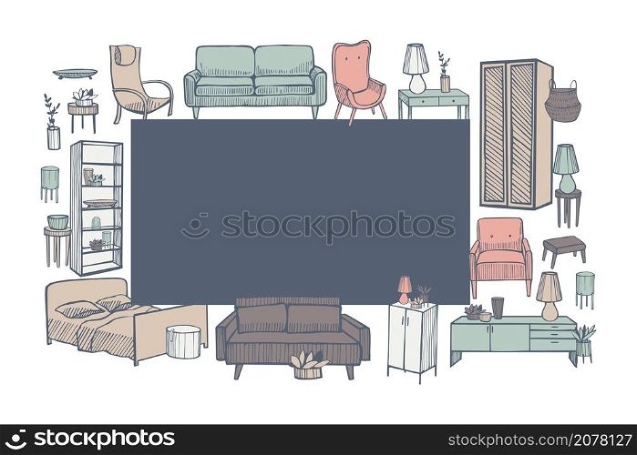 Vector frame with hand drawn furniture, lamps and plants for the home. Sketch illustration.. Furniture, lamps and plants for the home.