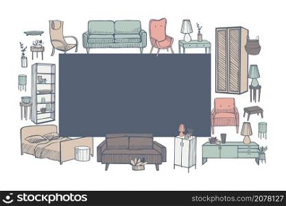 Vector frame with hand drawn furniture, lamps and plants for the home. Sketch illustration.. Furniture, lamps and plants for the home.