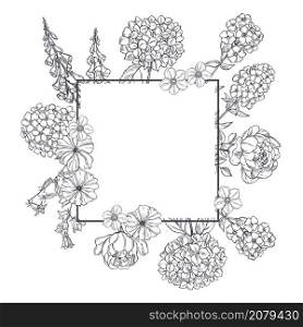 Vector frame with hand drawn garden flowers. Sketch illustration.