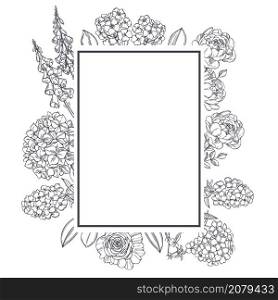 Vector frame with hand drawn garden flowers. Sketch illustration.. Vector frame with hand drawn garden flowers .