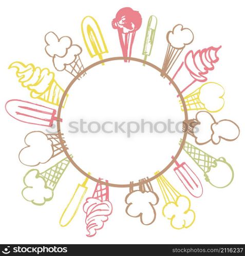 Vector frame with hand-drawn ice cream.Sketch illustration.. Hand-drawn ice cream set.