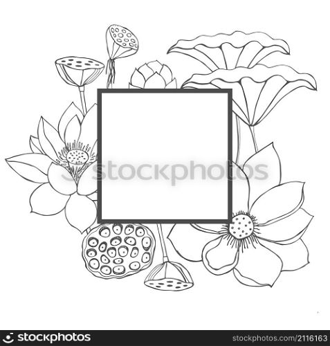 Vector frame with hand drawn lotus flowers and leaves on white background. Vector frame with hand drawn lotus flowers