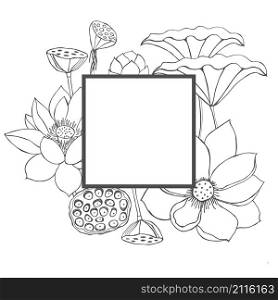 Vector frame with hand drawn lotus flowers and leaves on white background. Vector frame with hand drawn lotus flowers
