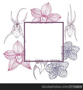 Vector frame with hand drawn orchids.. Hand drawn orchids.