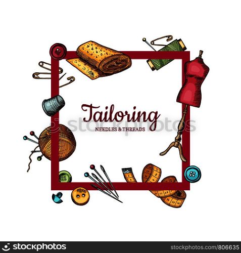Vector frame with hand drawn sewing elements flying around it with place for text in center illustration. Vector frame with hand drawn sewing elements