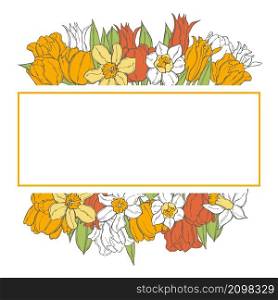 Vector frame with hand drawn spring flowers. Sketch illustration.. Vector background with spring flowers.