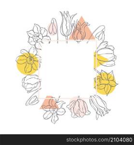 Vector frame with hand drawn spring flowers. Sketch illustration.. Vector frame with spring flowers.