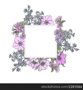 Vector frame with hand-drawn spring flowers. Sketch illustration. Vector frame with spring flowers. .