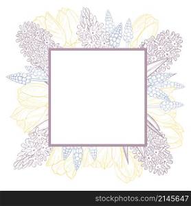 Vector frame with hand drawn spring flowers. Tulips and hyacinths. Sketch illustration.. Vector frame with hand drawn spring flowers. Tulips and hyacinths. Vector sketch illustration.