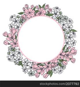 Vector frame with hand drawn spring ?herry and apple flowers. Sketch illustration.. Vector frame with spring ?herry and apple flowers.