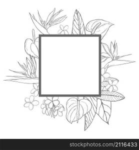 Vector frame with hand drawn tropical flowers. Sketch illustration.. Vector frame with hand drawn tropical flowers. Sketch illustration