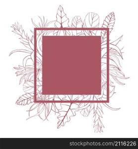 Vector frame with hand drawn tropical plants. Leaves and flowers.. Vector frame with hand drawn tropical plants.