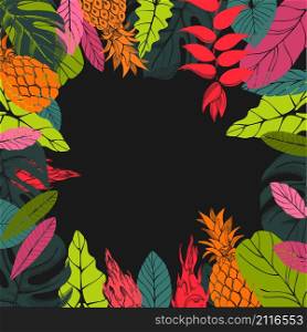 Vector frame with hand drawn tropical plants. Leaves and fruits.. Vector frame with hand drawn tropical plants.