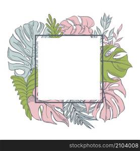 Vector frame with hand drawn tropical plants. Sketch illustration.. Vector background with tropical leaves.