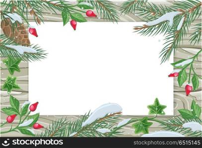 Vector frame with pine tree, ivy, sweetbrier brunches and copyspace on wooden background. Flat style. Celebrating winter holidays. For Christmas and New Year greeting card, seasonal advertising design. Vector Frame with Pine Tree, Sweetbrier Brunches . Vector Frame with Pine Tree, Sweetbrier Brunches