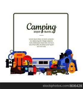Vector frame with place for text with flat style camping elements below illustration. Vector frame with flat style camping elements illustration
