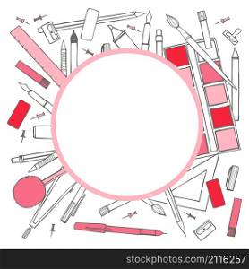 Vector frame with stationery. Pens, pencils, paints, compasses. Vector sketch illustration . Stationery set. Pens, pencils, paints, compasses.