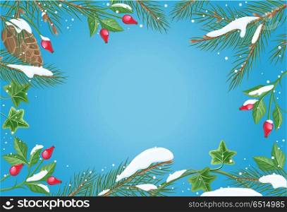 Vector frame with sweetbrier, pine tree brunches with snow on sides and blue gradient copyspace in the middle. Flat style. Celebrating winter holidays. For Christmas and New Year greeting cards design. Vector Frame with Pine Tree, Sweetbrier Brunches . Vector Frame with Pine Tree, Sweetbrier Brunches