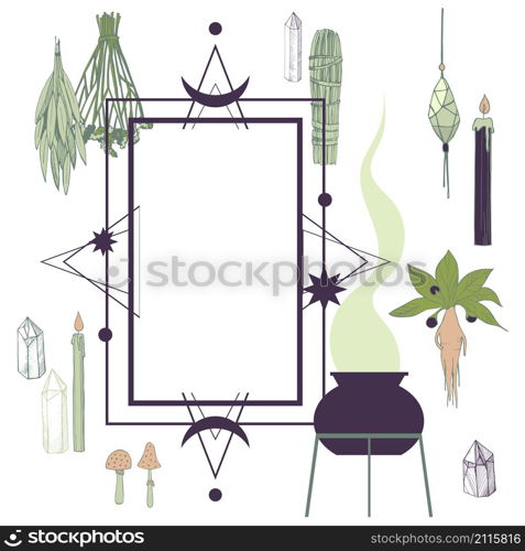 Vector frame with witchcraft things. Herbs, crystals, candles, mushrooms.. Vector frame with witchcraft things