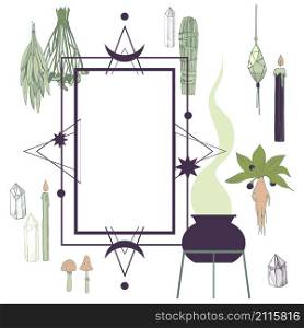 Vector frame with witchcraft things. Herbs, crystals, candles, mushrooms.. Vector frame with witchcraft things