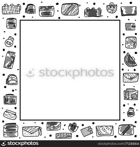 Vector frame with woman handbags. Collection of purses in doodle style. Fashion accessories elements. Vector illustration.