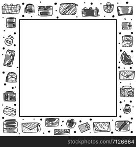 Vector frame with woman handbags. Collection of purses in doodle style. Fashion accessories elements. Vector illustration.