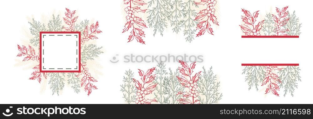 Vector frames with Christmas plant. Hand-drawn ilustration.. Christmas plants set.