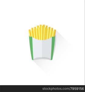 vector french fries in green white fry box wrapper isolated flat design illustration on white background with shadow &#xA;