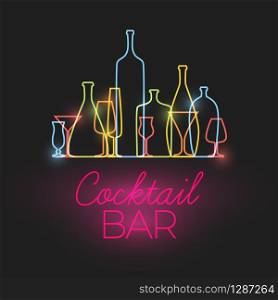 Vector Fresh Cocktail bar neon sign with colorful glasses and bottles icons made by thin line. Vector Fresh Cocktail bar neon sign