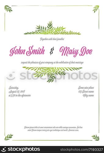 Vector Fresh green and pink wedding invitation card template with floral elements