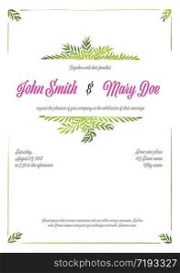 Vector Fresh green and pink wedding invitation card template with floral elements