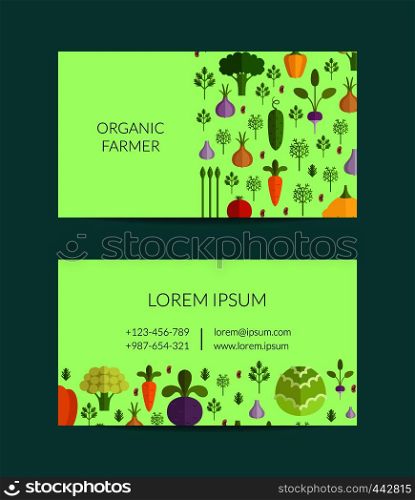 Vector fruits and vegetables organic farm, vegan, healthy food business card template. Illustratioin of poster vegan. Vector flat vegetables organic farm, vegan, healthy food business card template