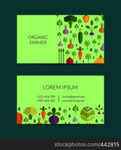 Vector fruits and vegetables organic farm, vegan, healthy food business card template. Illustratioin of poster vegan. Vector flat vegetables organic farm, vegan, healthy food business card template