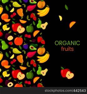 Vector fruits frame isolated on black background. Organic color fruits banner illustration. Vector fruits frame isolated on black background. Organic fruits