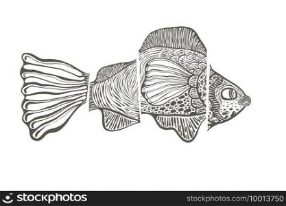 Vector funky cut fish  conceptual illustration, engraving style 