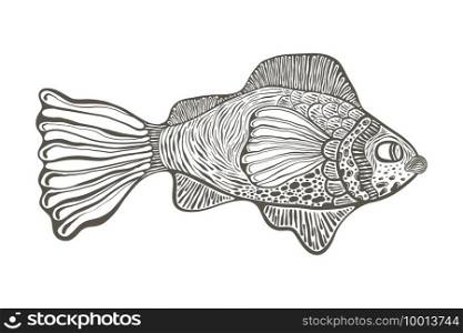 Vector funky unreal fish . hand drawn engraving style.