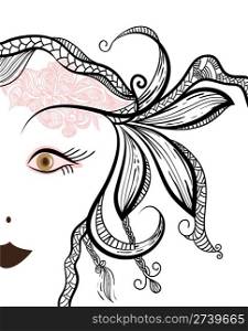 vector funky woman&rsquo;s face with floral ornament, clipping mask