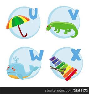 Vector funny cartoon alphabet - Umbrella, Varan, Whale, Xylophone