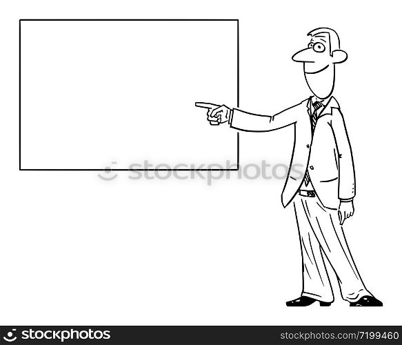 Vector funny comic cartoon drawing of businessman or man hand or finger pointing,presenting or showing at empty sign,whiteboard or blackboard.. Vector Comic Cartoon of Man or Businessman Showing or Pointing at Empty Sign, Blackboard or Whiteboard.