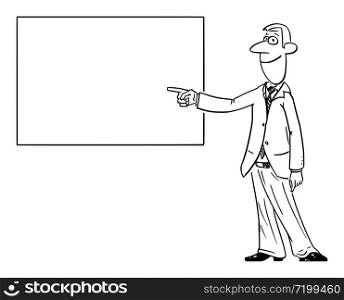 Vector funny comic cartoon drawing of businessman or man hand or finger pointing,presenting or showing at empty sign,whiteboard or blackboard.. Vector Comic Cartoon of Man or Businessman Showing or Pointing at Empty Sign, Blackboard or Whiteboard.