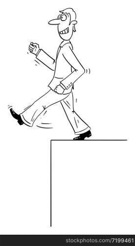 Vector funny comic cartoon drawing of confident businessman or man walking forward ignoring gap or cliff and falling down. Concept of market or crisis.. Vector Comic Cartoon of Confident Man or Businessman Walking Forward Ignoring the Cliff or Gap and Falling Down.