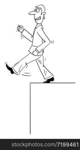 Vector funny comic cartoon drawing of confident businessman or man walking forward ignoring gap or cliff and falling down. Concept of market or crisis.. Vector Comic Cartoon of Confident Man or Businessman Walking Forward Ignoring the Cliff or Gap and Falling Down.