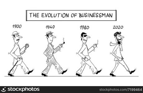 Vector funny comic cartoon drawing of evolution of male businessman fashion and clothing, ending by hipster as final form.. Vector Comic Cartoon of Evolution of Male Businessman Fashion and Clothing During Century With Hipster as Final Form.